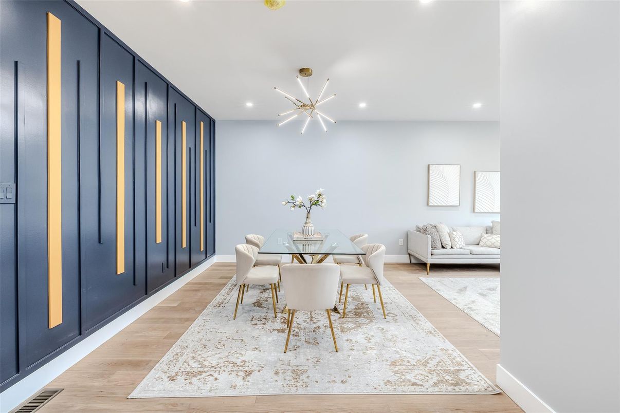 Dining room, Interior, Pendant Lights, Recessed Lighting, Wood Texture Flooring