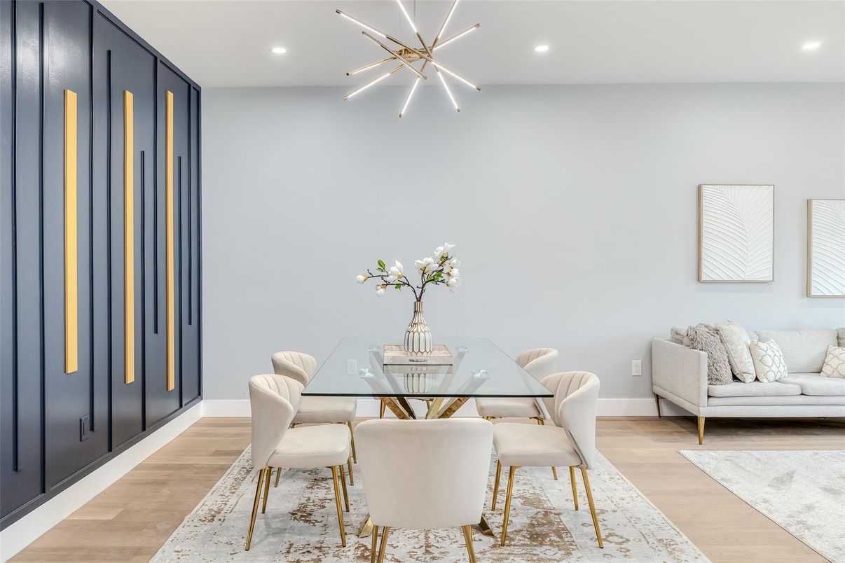 Dining room, Interior, Pendant Lights, Recessed Lighting, Wood Texture Flooring