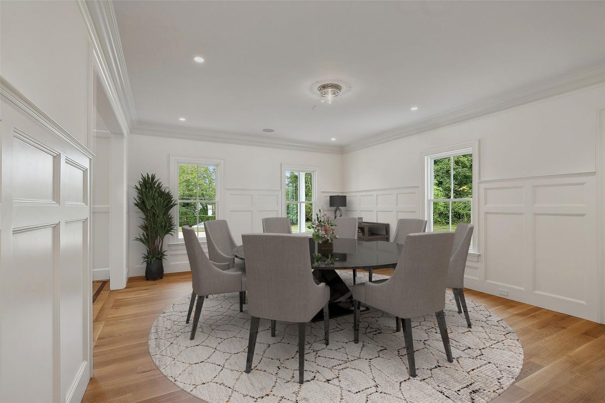 Dining room, Interior, Recessed Lighting, Wood Texture Flooring