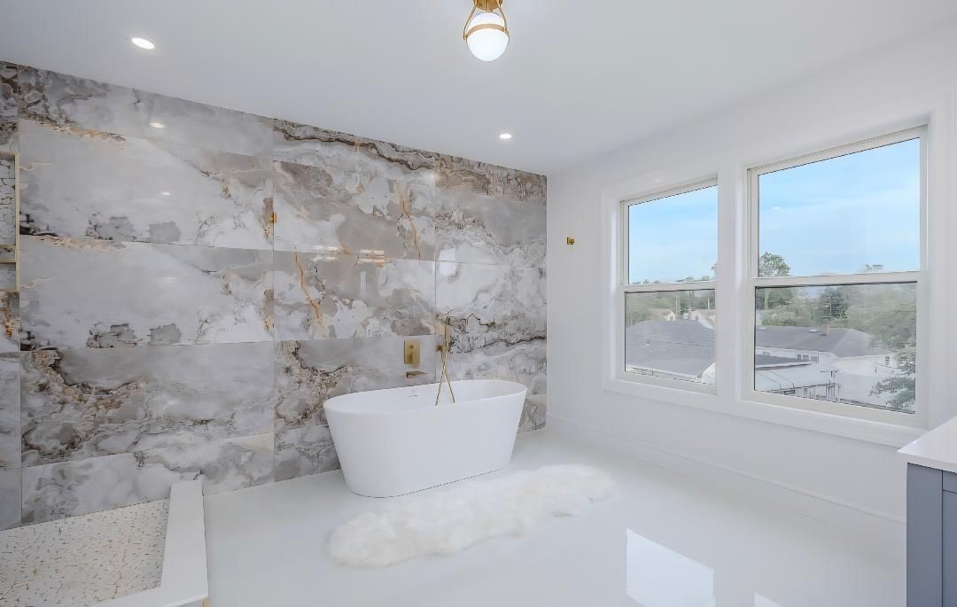 Bathroom, Free Standing Baths, Interior, Marble Walls, Recessed Lighting