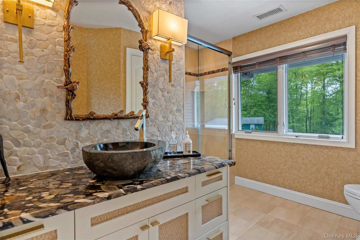 Bathroom, Glass Shower, Interior, Stone Walls