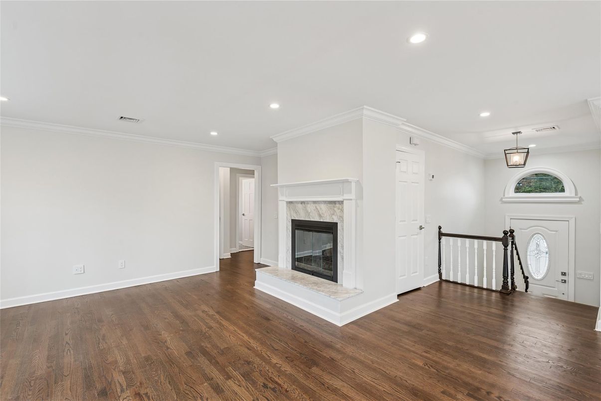 Empty room, Fireplace, Interior, Pendant Lights, Recessed Lighting, Wood Texture Flooring