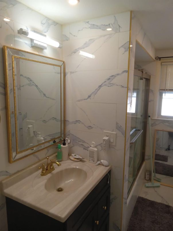 Bathroom, Glass Shower, Interior, Marble Walls, Recessed Lighting