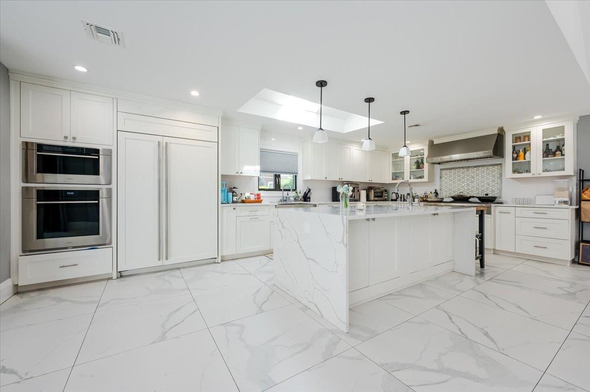 Interior, Kitchen, Marble, Pendant Lights, Recessed Lighting, Stainless Steel Appliances