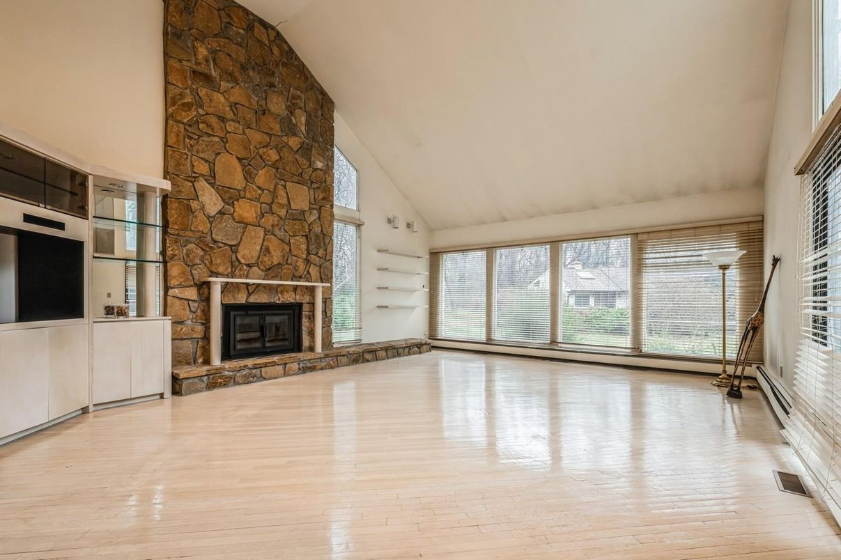 Empty room, Fireplace, Interior, Stone Walls, Wood Texture Flooring