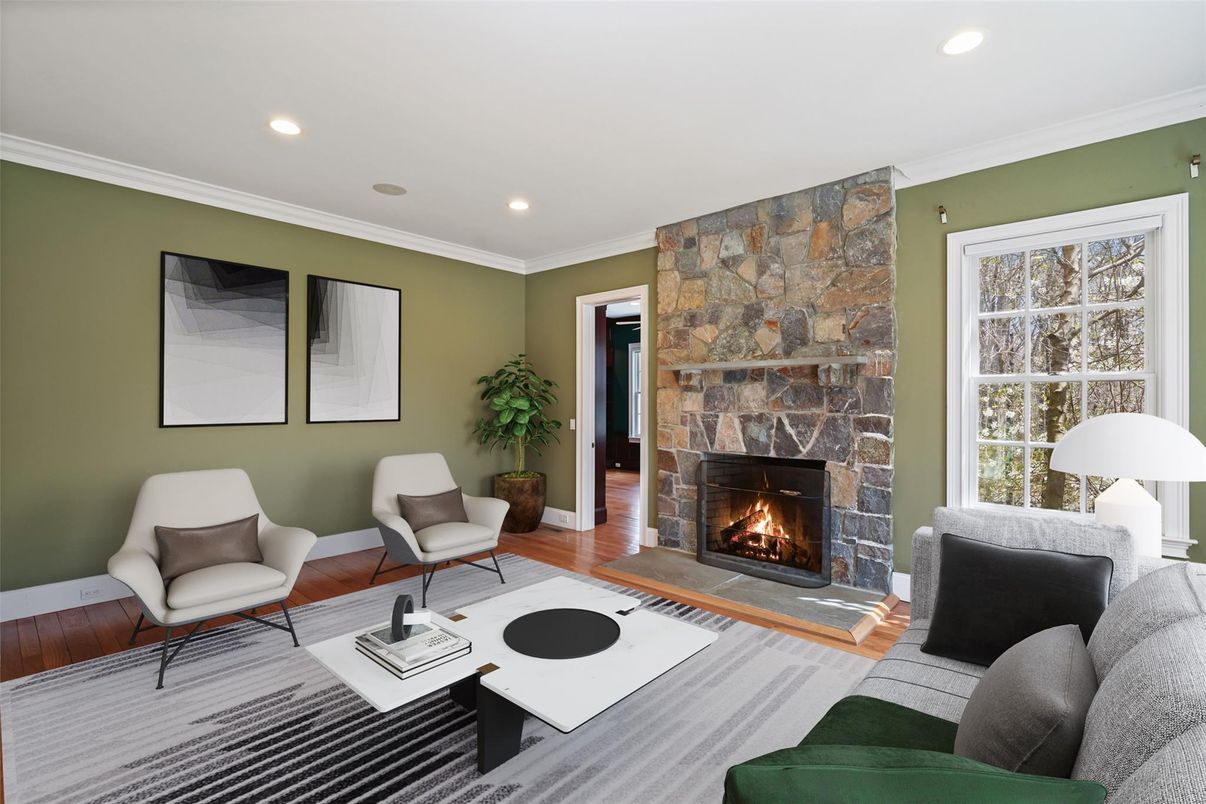 Fireplace, Interior, Living room, Recessed Lighting, Stone Walls, Wood Texture Flooring