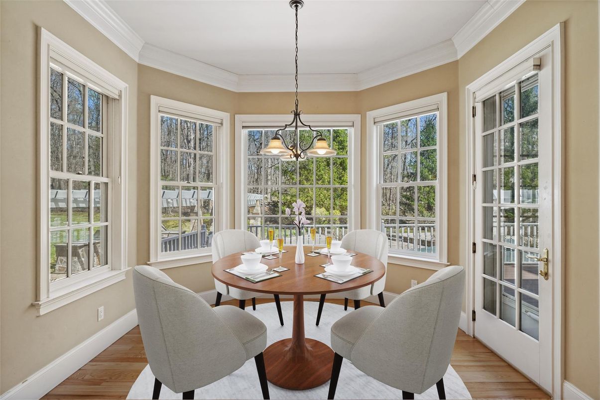 Dining room, Interior, Pendant Lights, Wood Texture Flooring