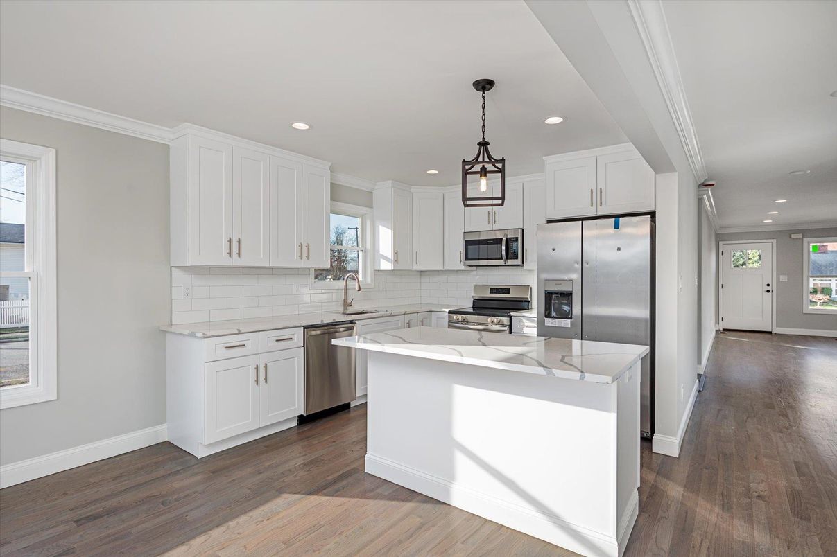 Interior, Kitchen, Pendant Lights, Recessed Lighting, Stainless Steel Appliances, Wood Texture Flooring