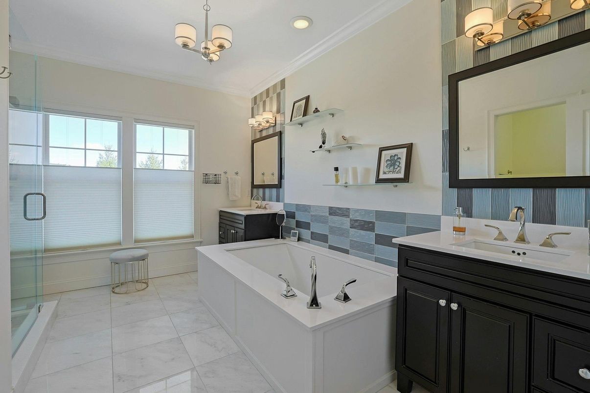 Bathroom, Dual Sink Vanities, Glass Shower, Interior, Marble, Recessed Lighting