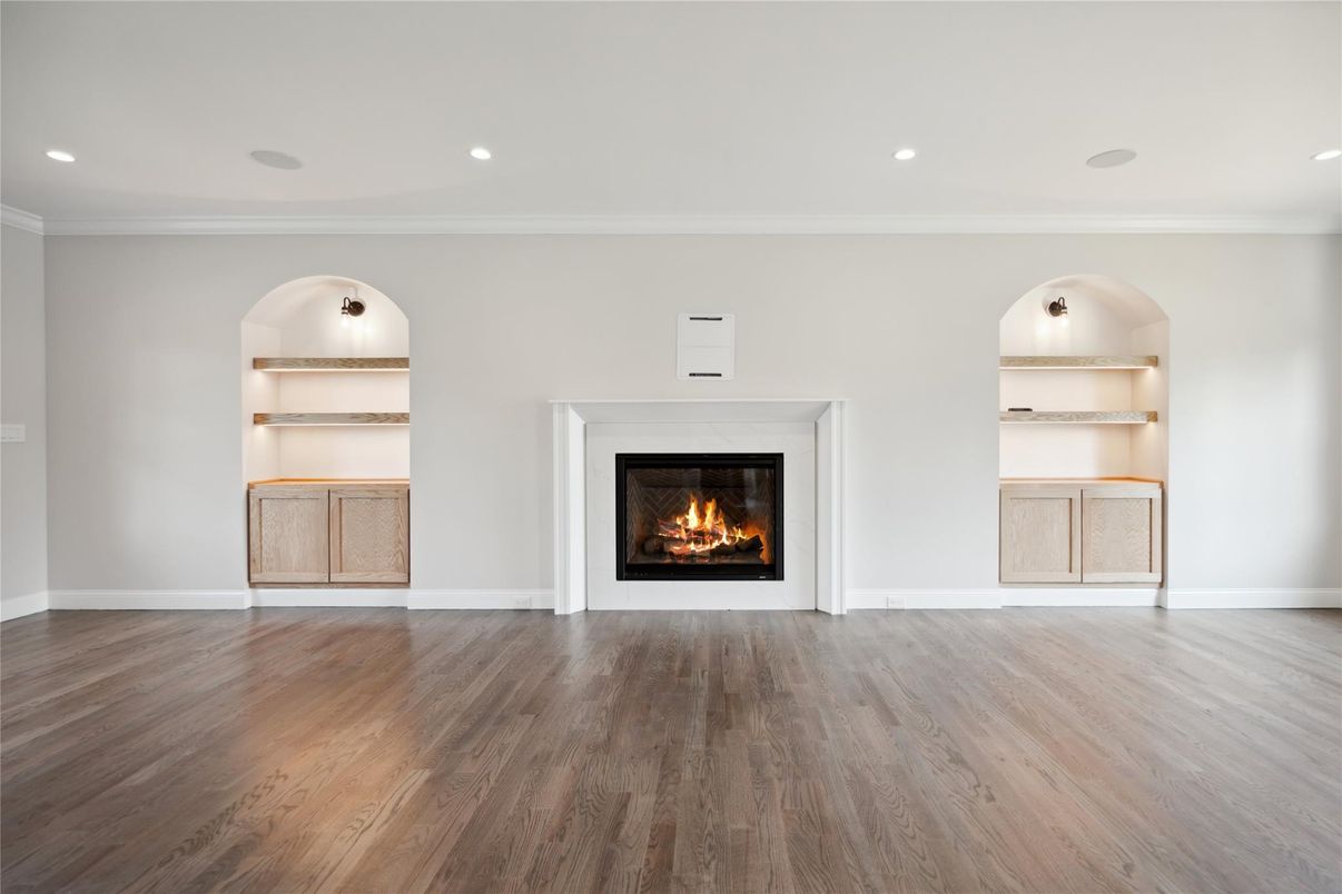 Empty room, Fireplace, Interior, Recessed Lighting, Wood Texture Flooring
