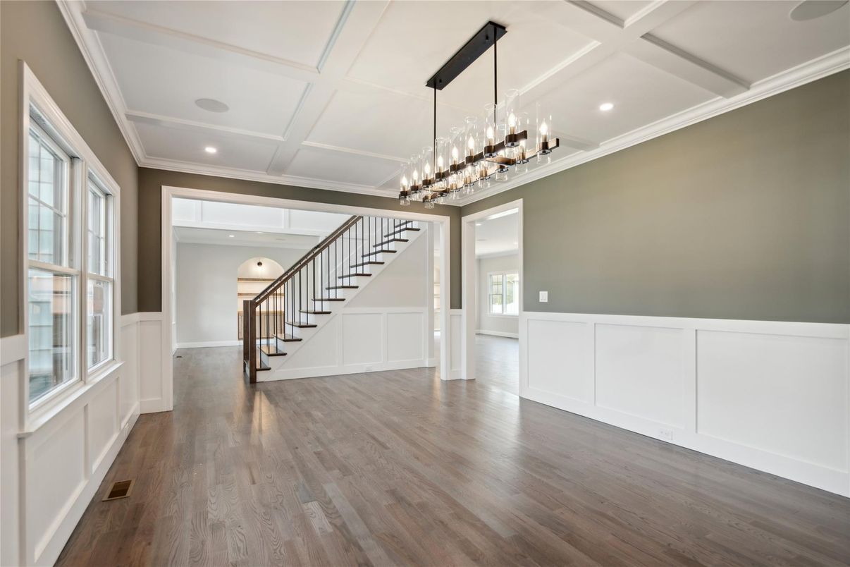 Empty room, Interior, Pendant Lights, Recessed Lighting, Wood Texture Flooring