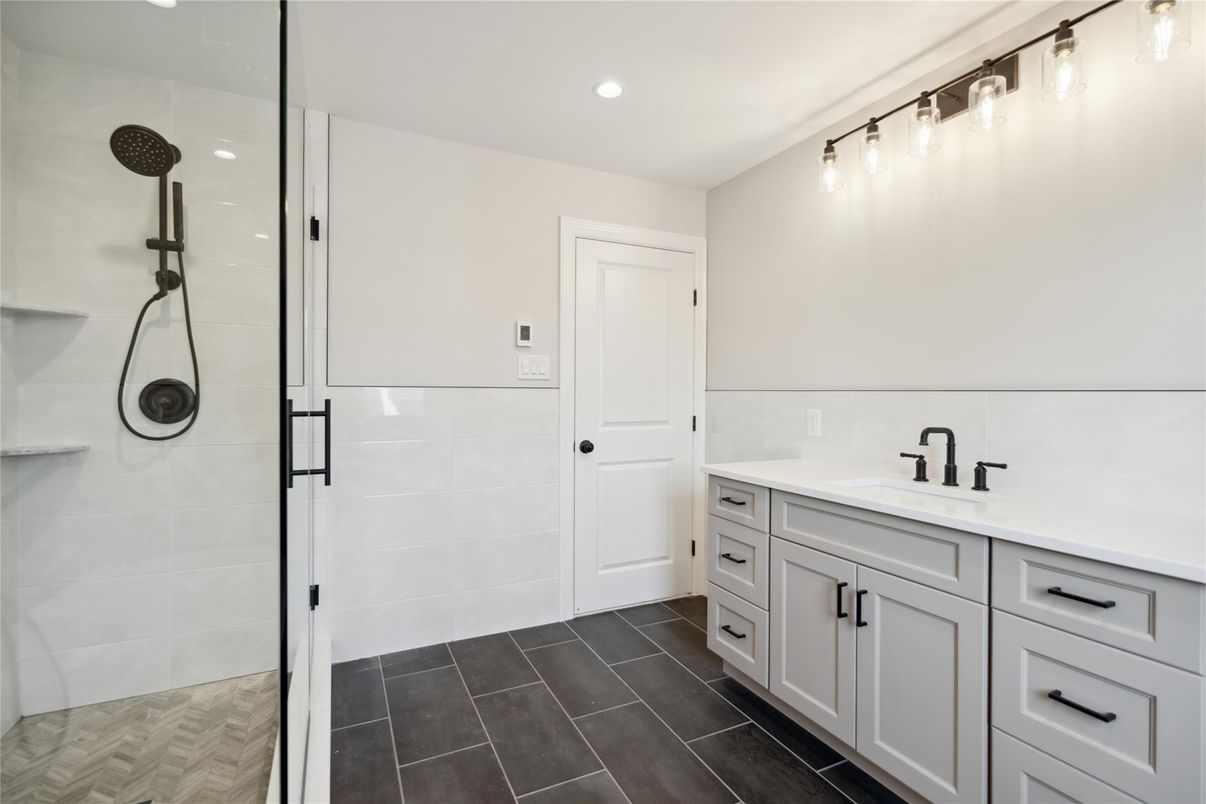 Bathroom, Dual Sink Vanities, Glass Shower, Interior, Recessed Lighting