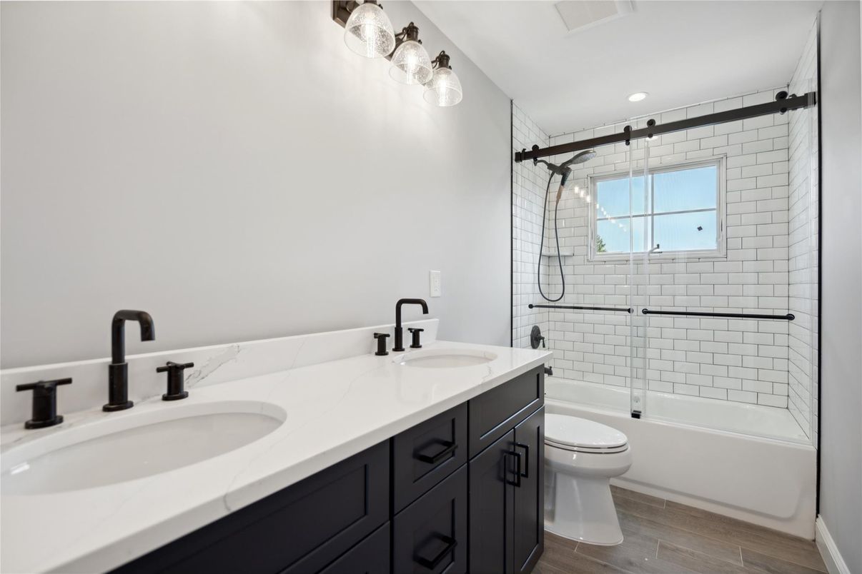 Bathroom, Dual Sink Vanities, Glass Shower, Interior, Wood Texture Flooring