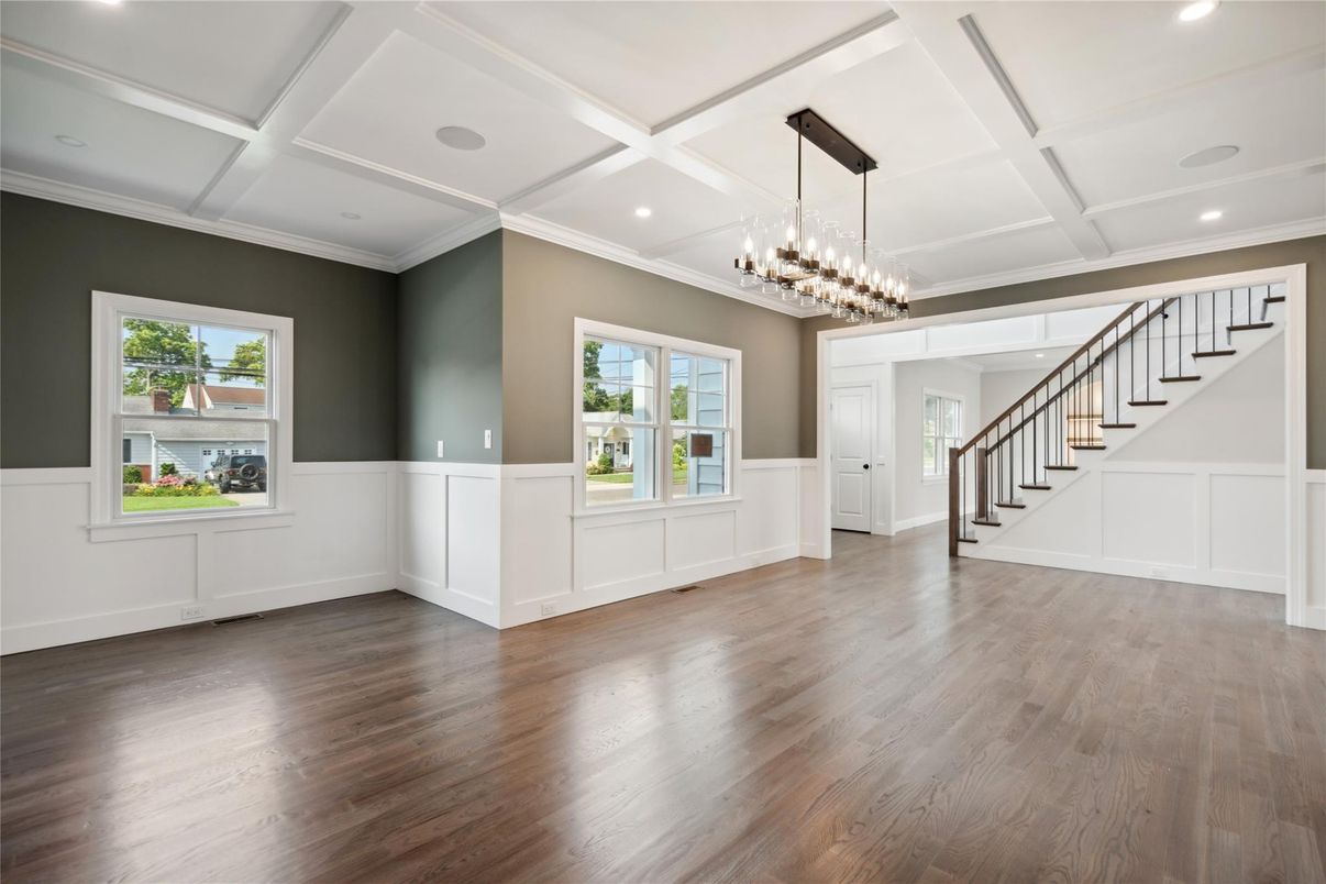 Chandelier, Empty room, Interior, Pendant Lights, Recessed Lighting, Wood Texture Flooring