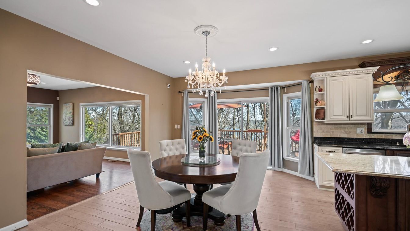 Chandelier, Dining room, Interior, Kitchen, Living room, Recessed Lighting, Wood Texture Flooring