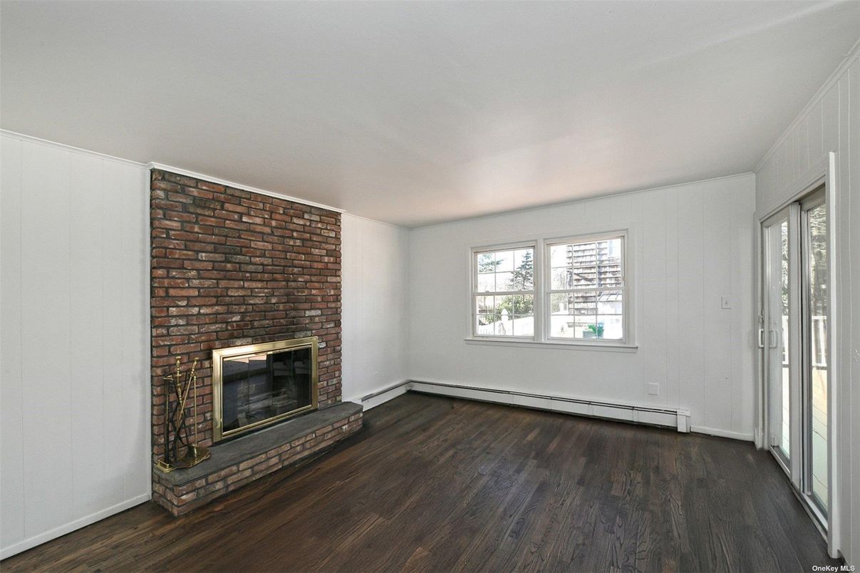 Empty room, Fireplace, Interior, Stone Walls, Wood Texture Flooring