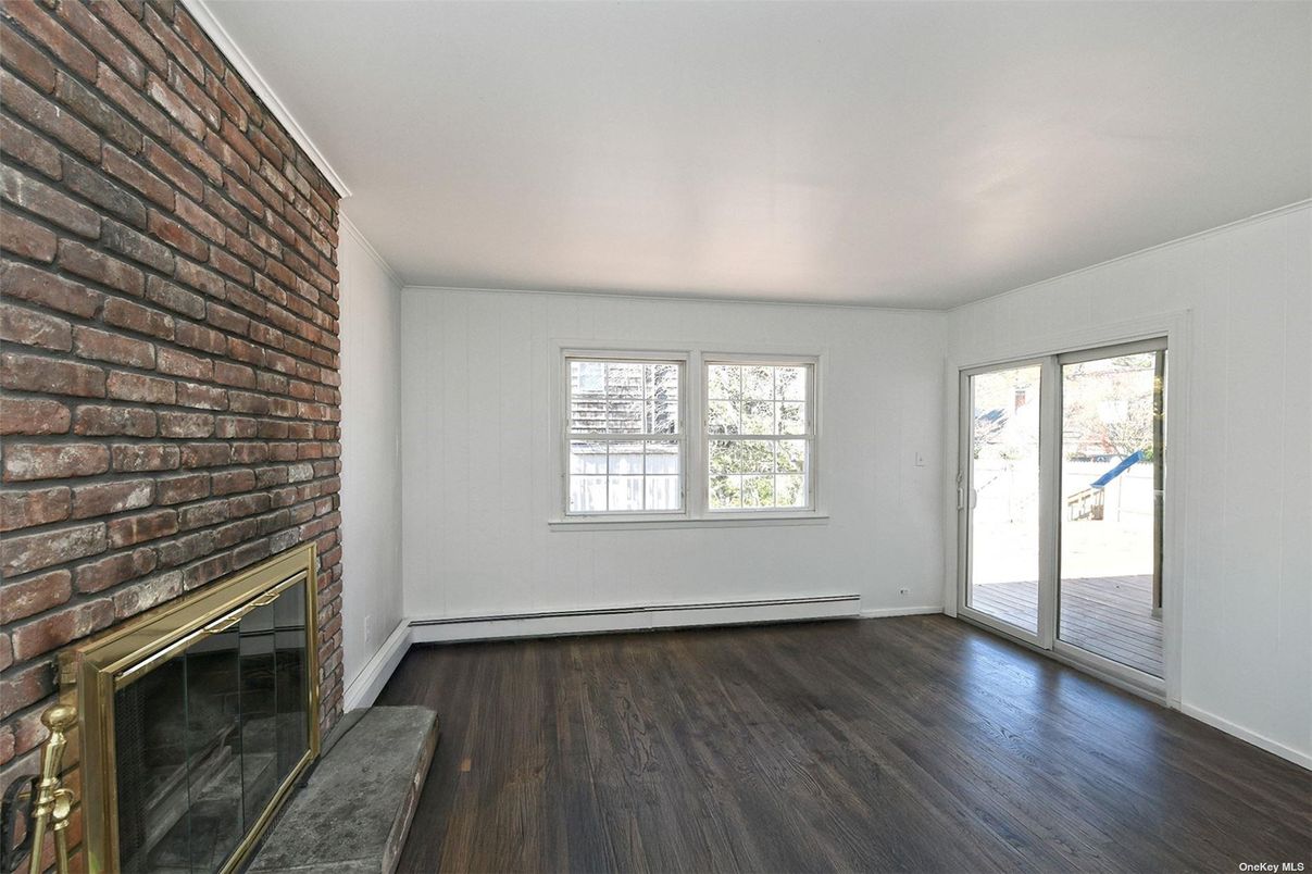 Empty room, Fireplace, Interior, Stone Walls, Wood Texture Flooring