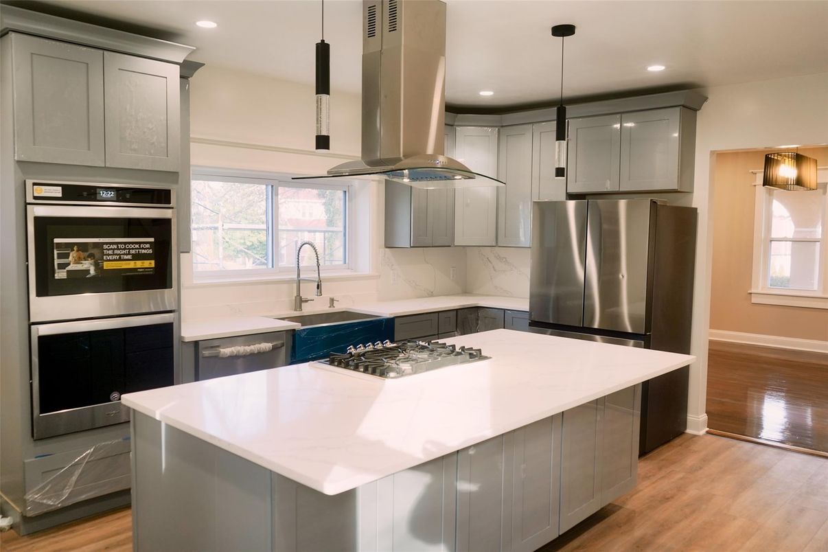 Interior, Kitchen, Pendant Lights, Recessed Lighting, Stainless Steel Appliances, Wood Texture Flooring