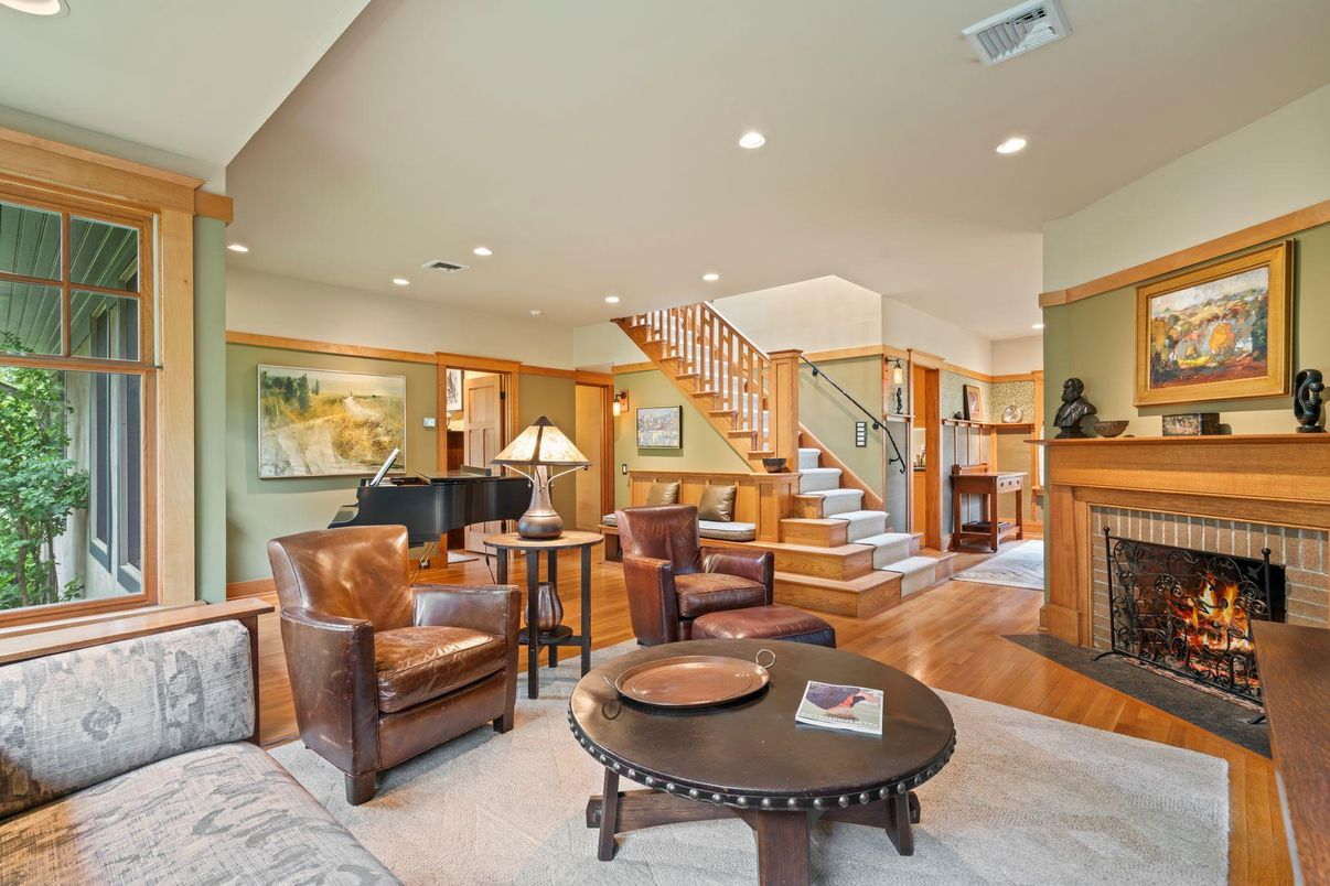 Fireplace, Interior, Living room, Piano, Recessed Lighting, Wood Texture Flooring