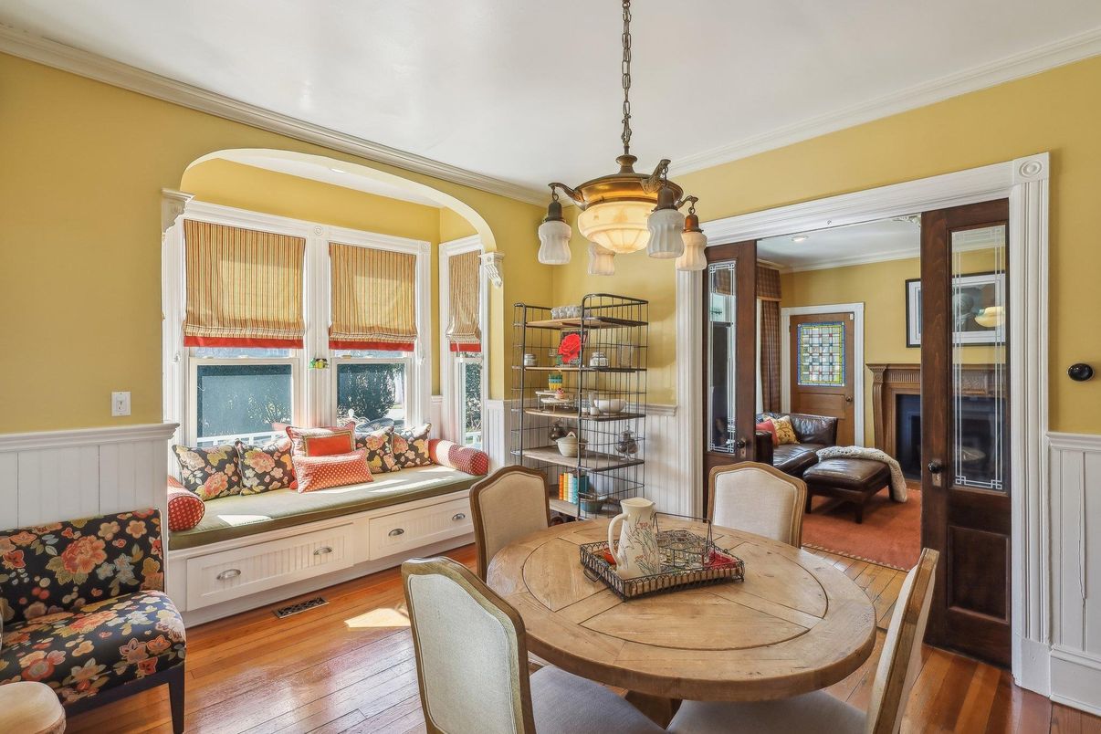 Dining room, Interior, Pendant Lights, Wood Texture Flooring