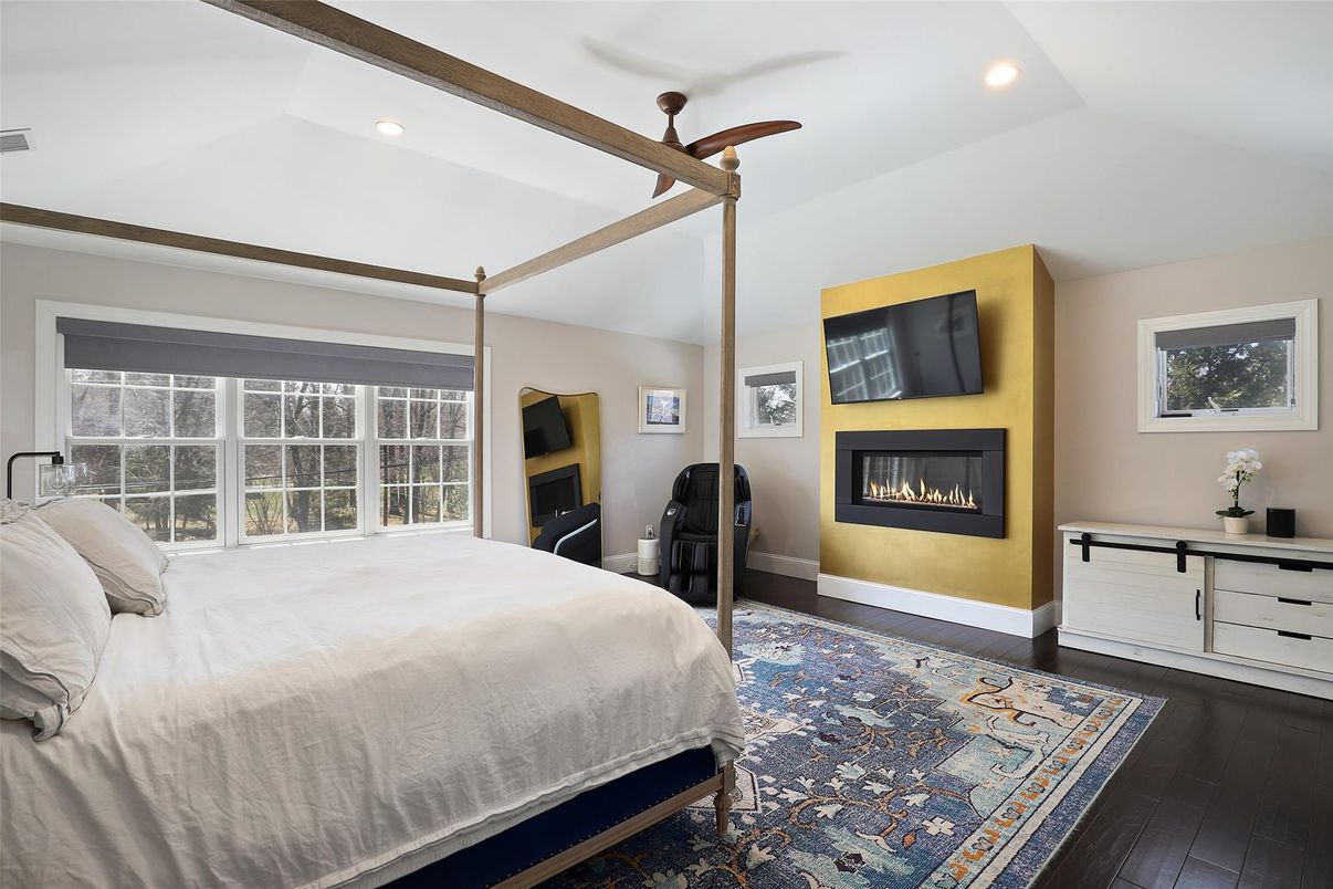 Bedroom, Fireplace, Interior, Recessed Lighting, Wood Texture Flooring