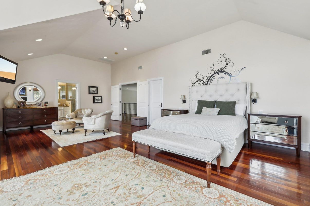Bedroom, Chandelier, Interior, Recessed Lighting, Wood Texture Flooring