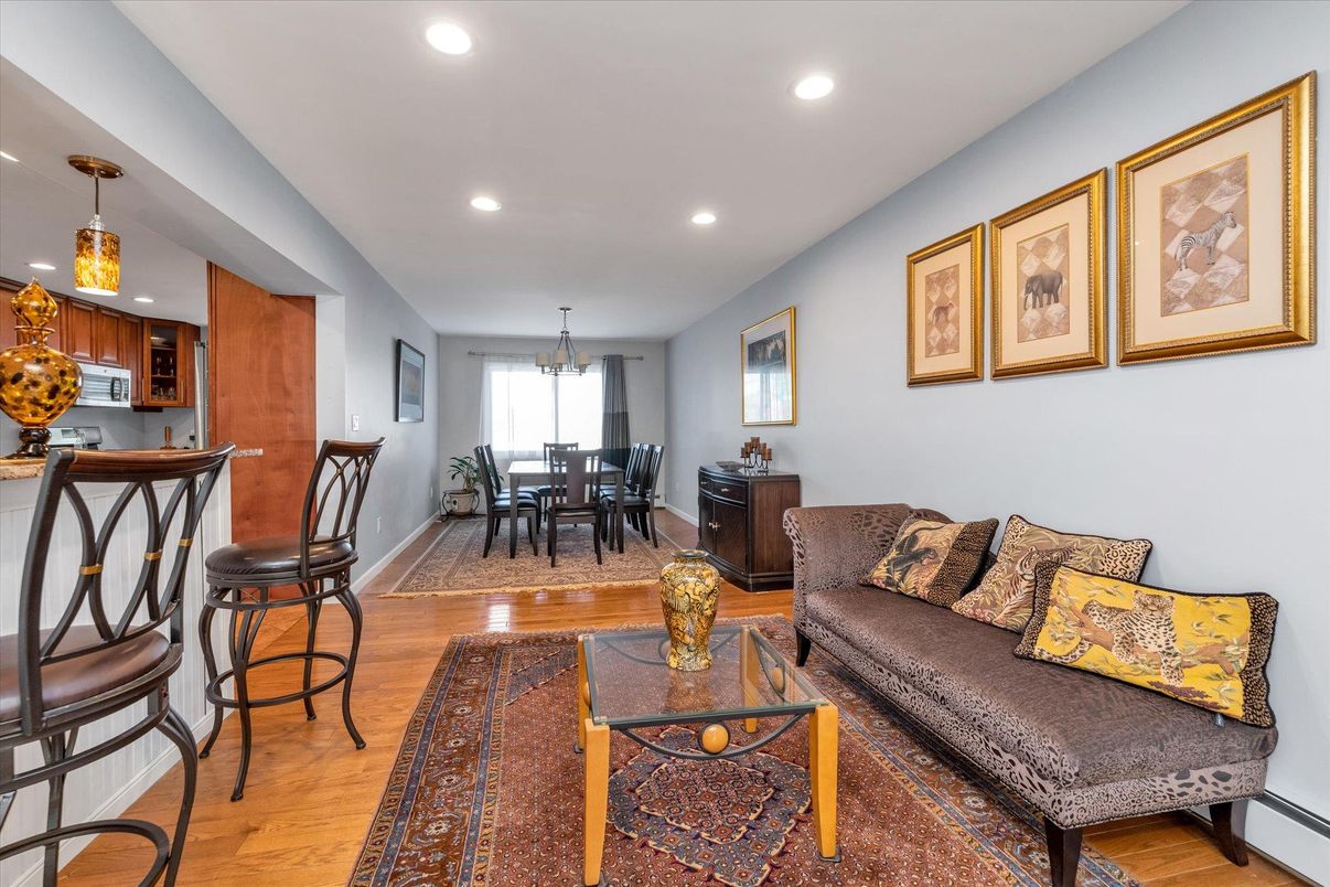 Chandelier, Dining room, Interior, Kitchen, Living room, Pendant Lights, Recessed Lighting, Wood Texture Flooring