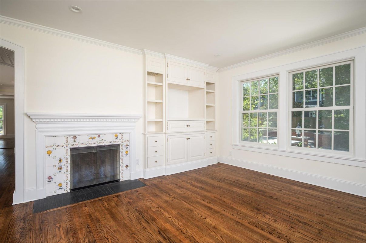 Empty room, Fireplace, Interior, Recessed Lighting, Wood Texture Flooring
