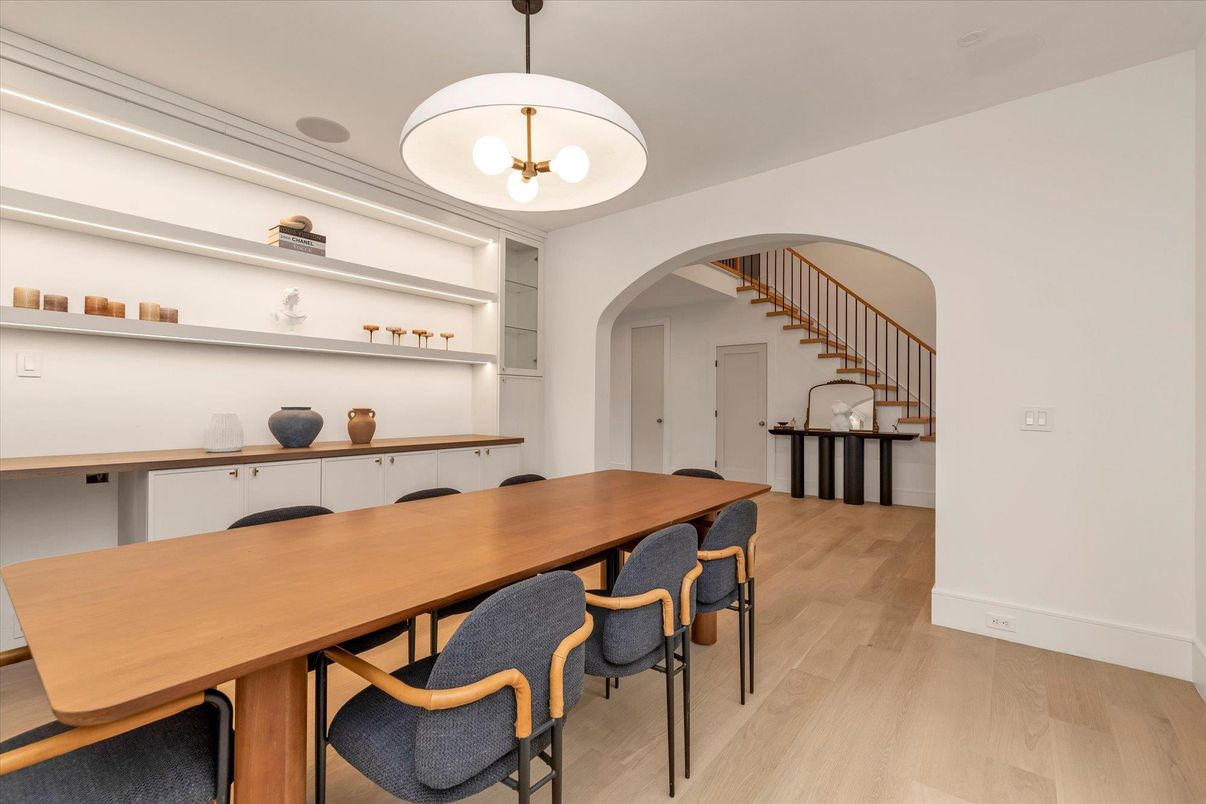 Dining room, Interior, Pendant Lights, Wood Texture Flooring
