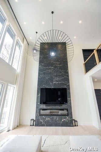 Fireplace, Interior, Marble Walls, Pendant Lights, Recessed Lighting