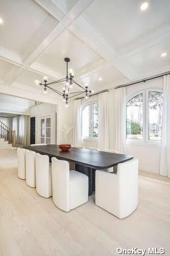 Dining room, Interior, Pendant Lights, Recessed Lighting, Wood Texture Flooring