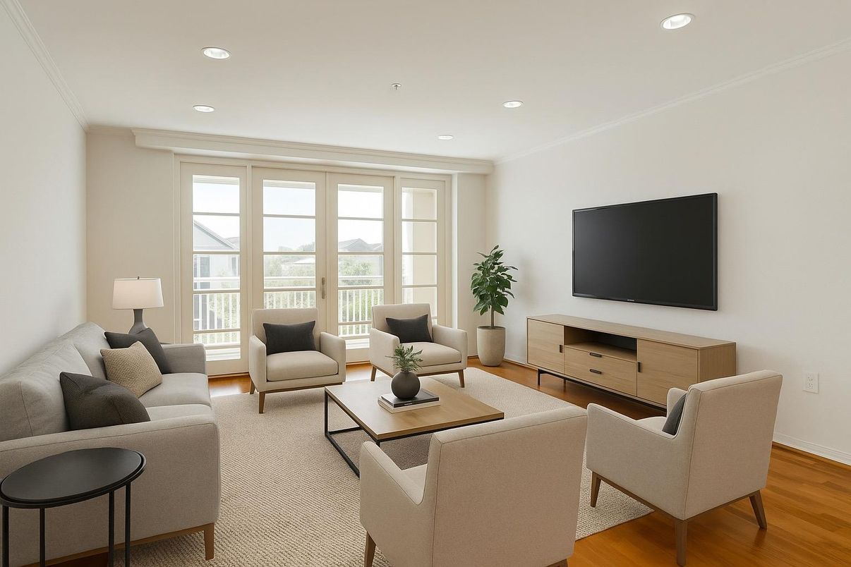 Interior, Living room, Recessed Lighting, Wood Texture Flooring