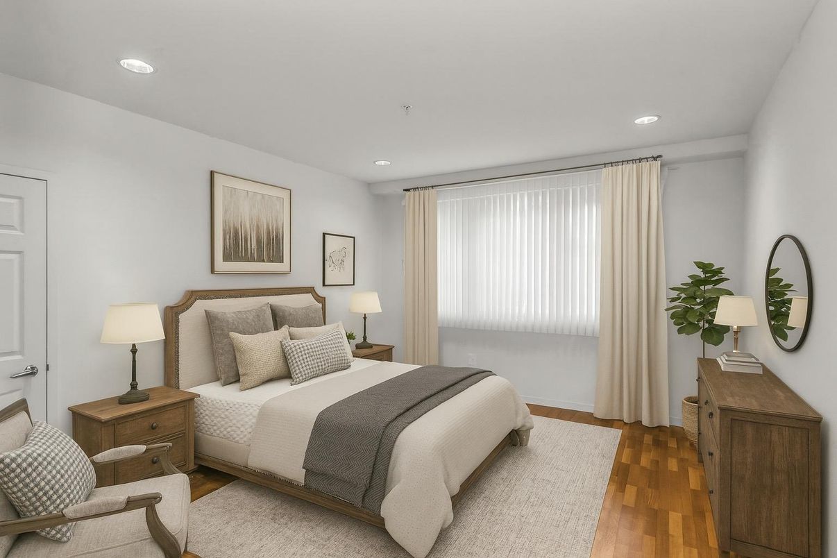 Bedroom, Interior, Recessed Lighting, Wood Texture Flooring