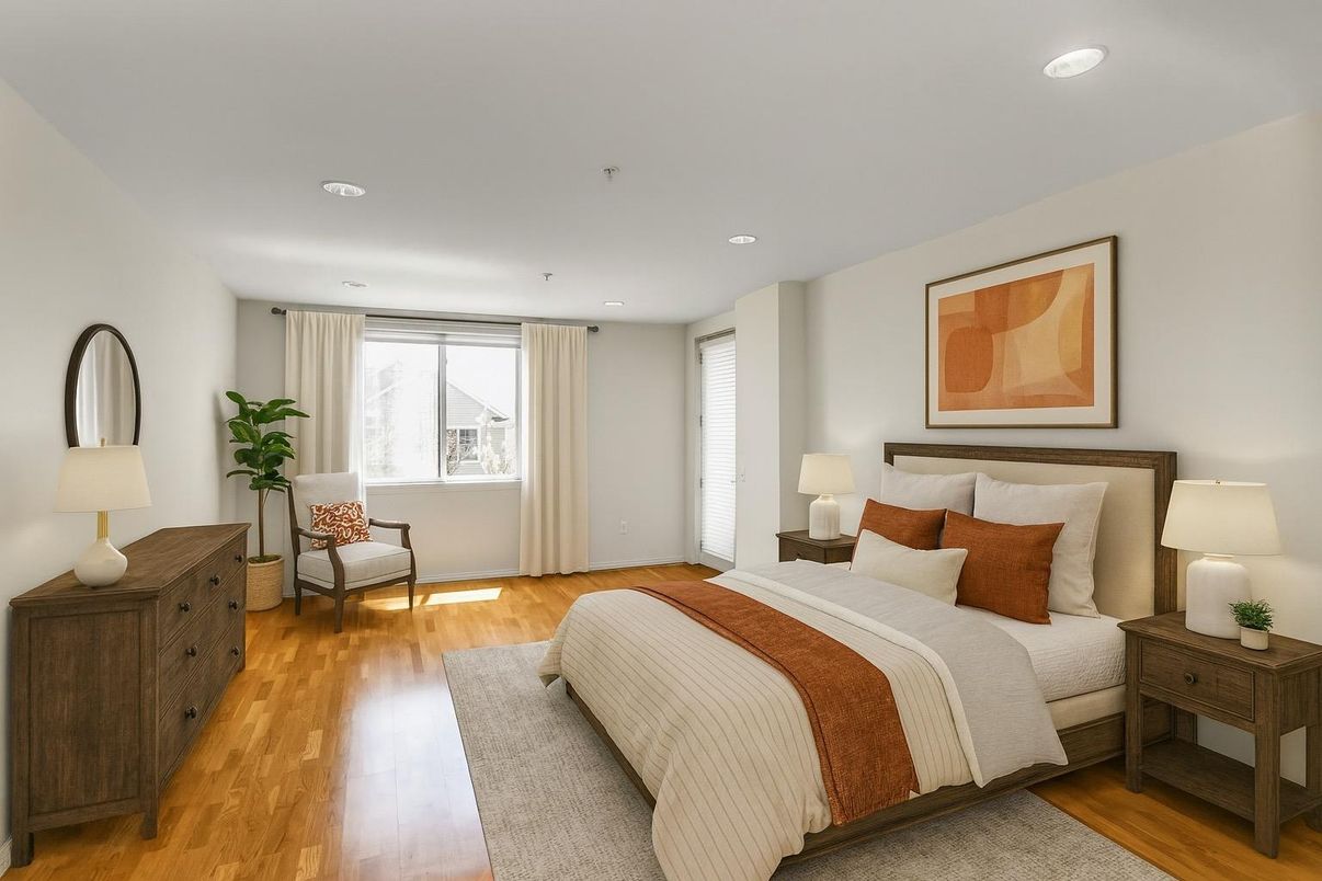 Bedroom, Interior, Recessed Lighting, Wood Texture Flooring