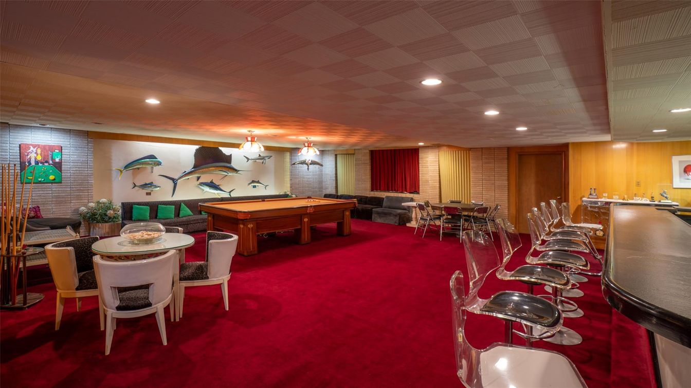 Billiard Table, Dining room, Game Room, Interior, Recessed Lighting, Stone Walls