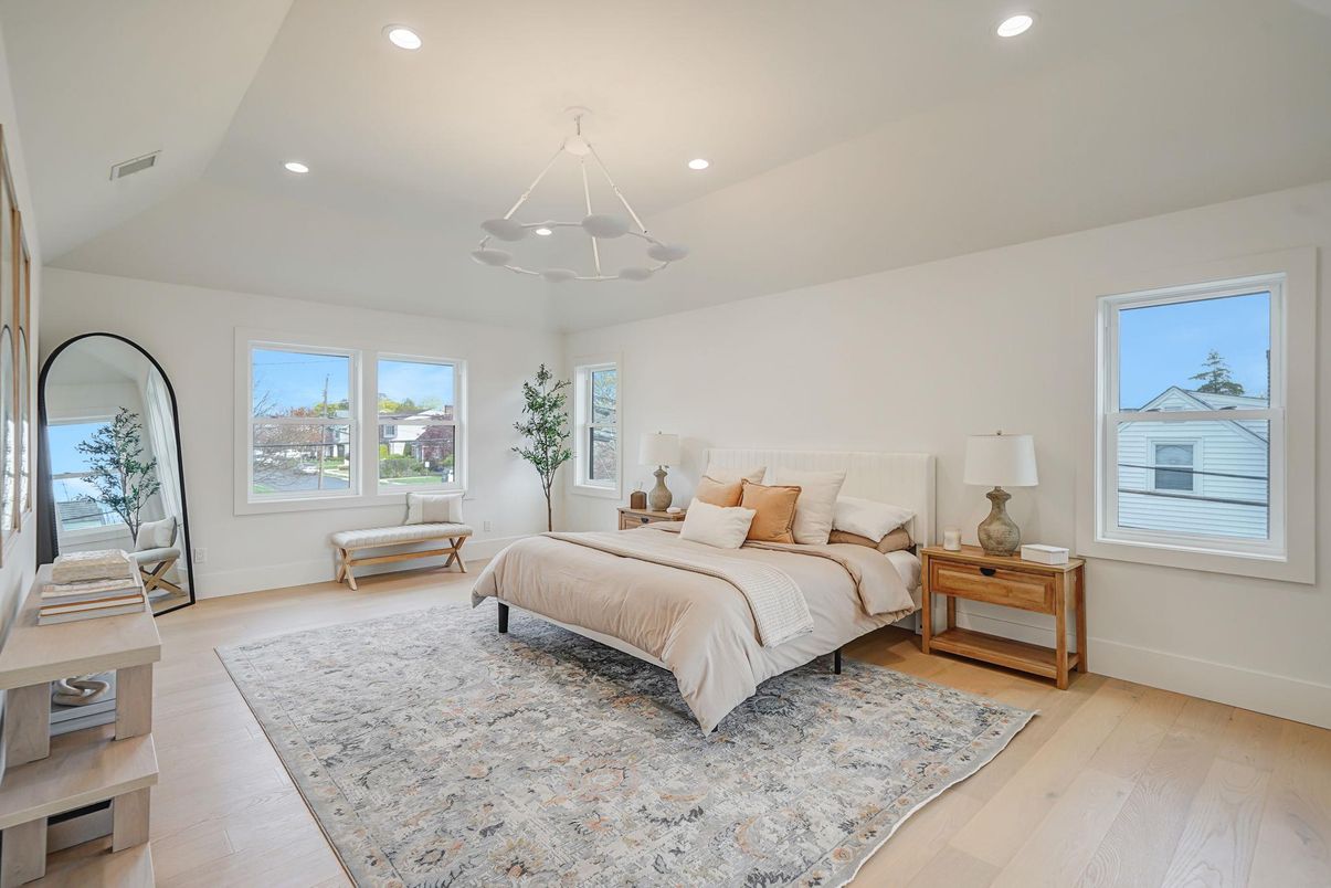 Bedroom, Interior, Pendant Lights, Recessed Lighting, Wood Texture Flooring