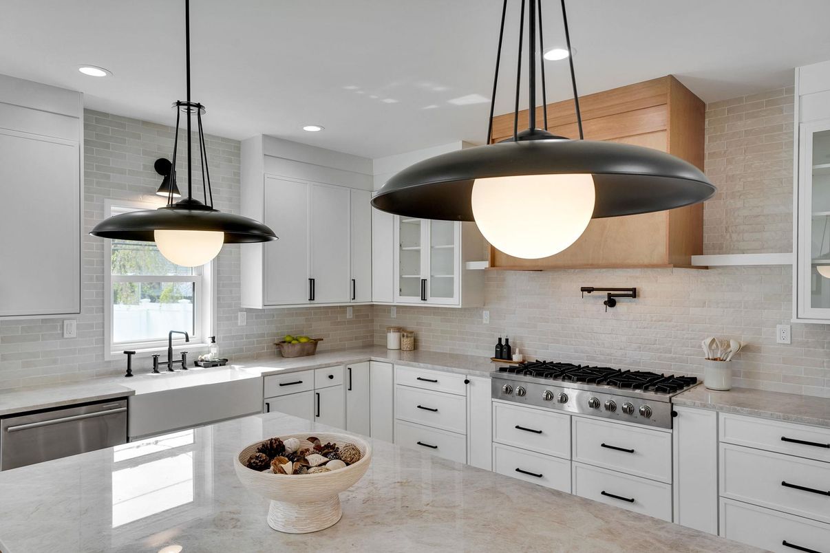 Interior, Kitchen, Pendant Lights, Recessed Lighting, Stainless Steel Appliances, Stone Walls