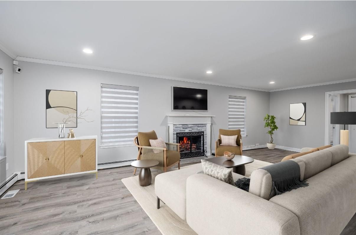 Fireplace, Interior, Living room, Recessed Lighting, Wood Texture Flooring