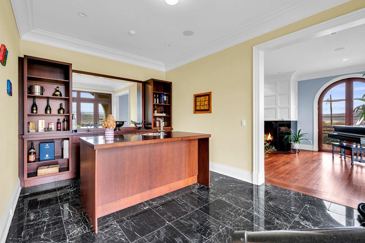 Fireplace, Home Office, Interior, Marble, Piano, Recessed Lighting, Wood Texture Flooring