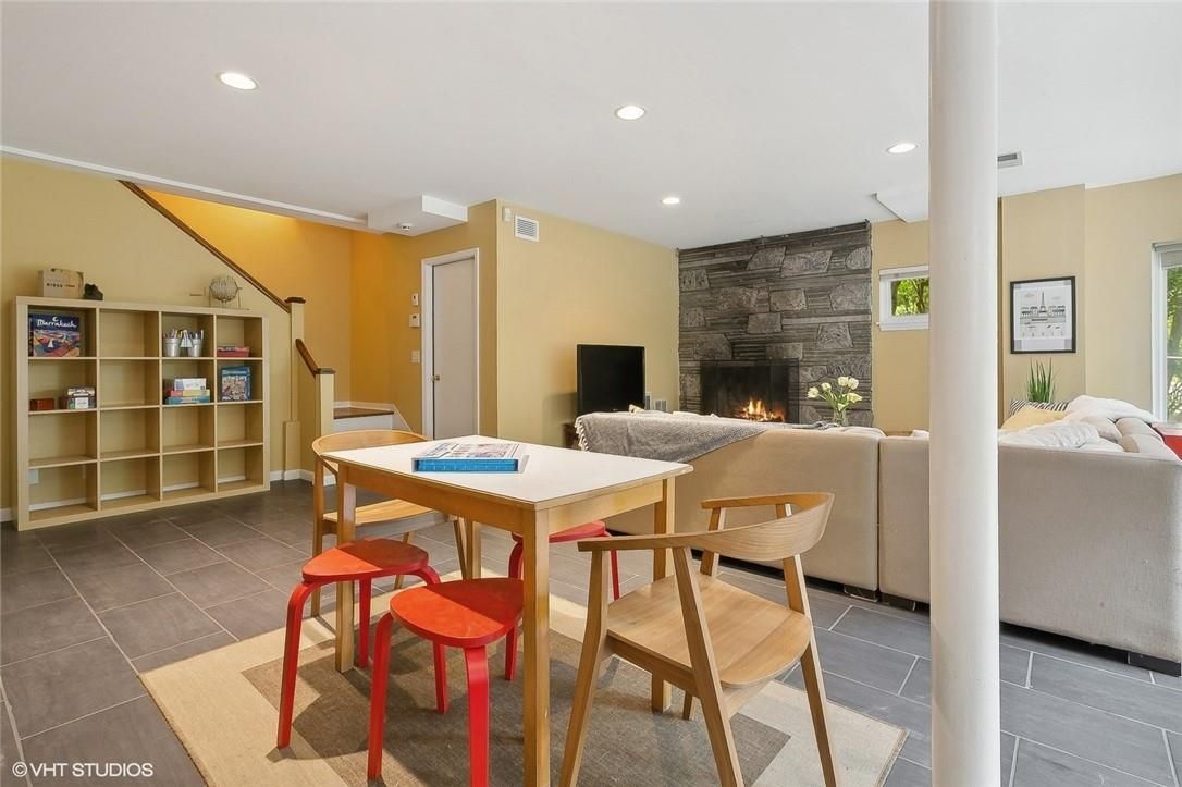 Dining room, Fireplace, Interior, Living room, Recessed Lighting