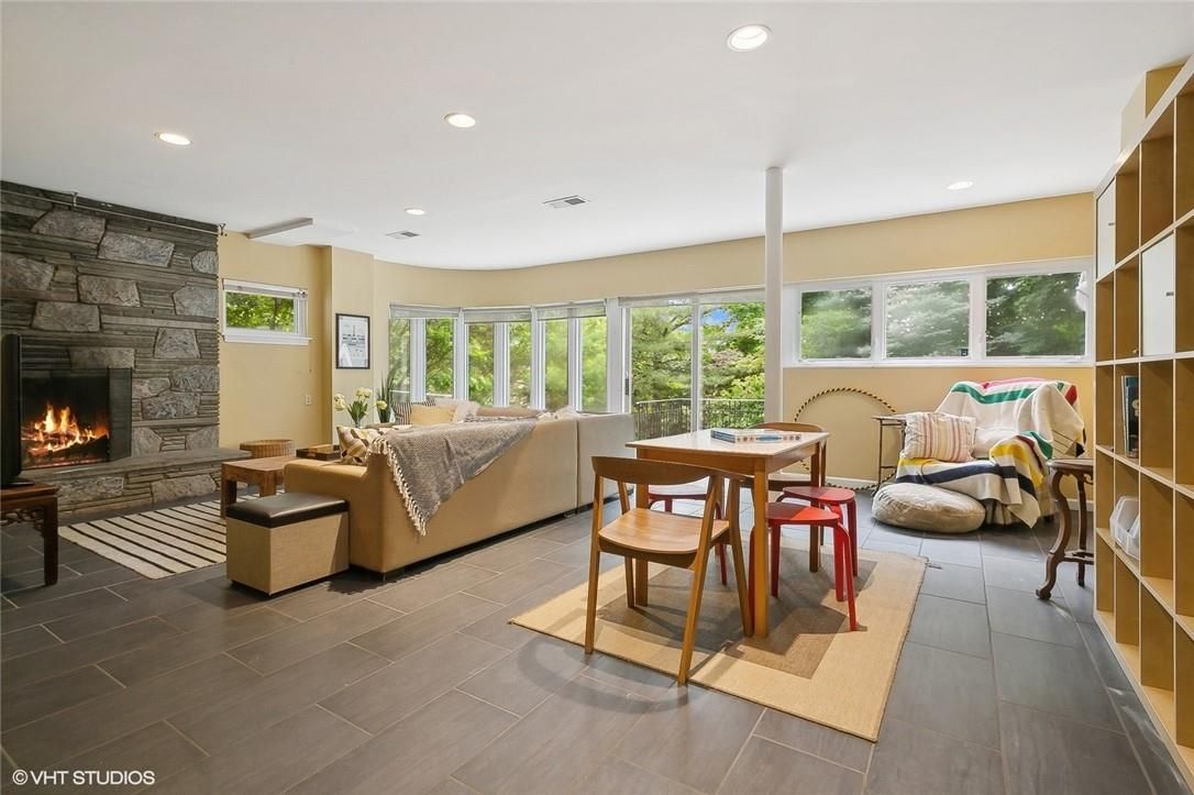 Dining room, Fireplace, Interior, Living room, Recessed Lighting