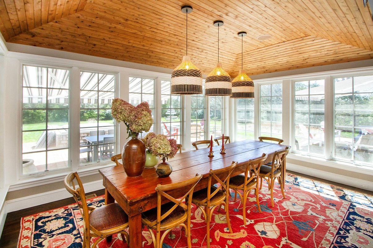 Dining room, Interior, Pendant Lights, Wooden Ceilings