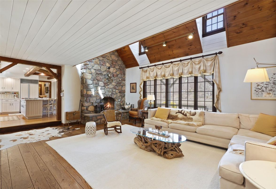 Fireplace, Interior, Kitchen, Living room, Recessed Lighting, Stone Walls, Wooden Ceilings, Wood Texture Flooring