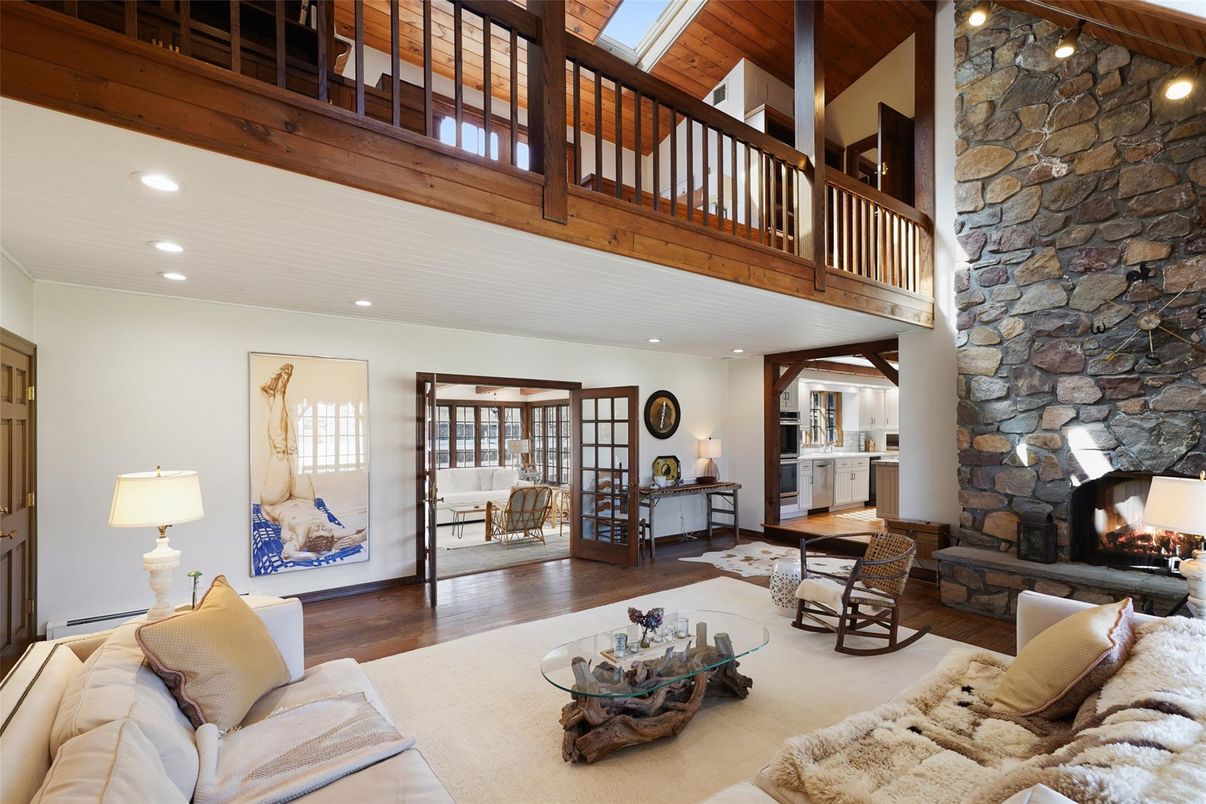 Fireplace, Interior, Living room, Recessed Lighting, Stone Walls, Wooden Beams, Wooden Ceilings, Wood Texture Flooring