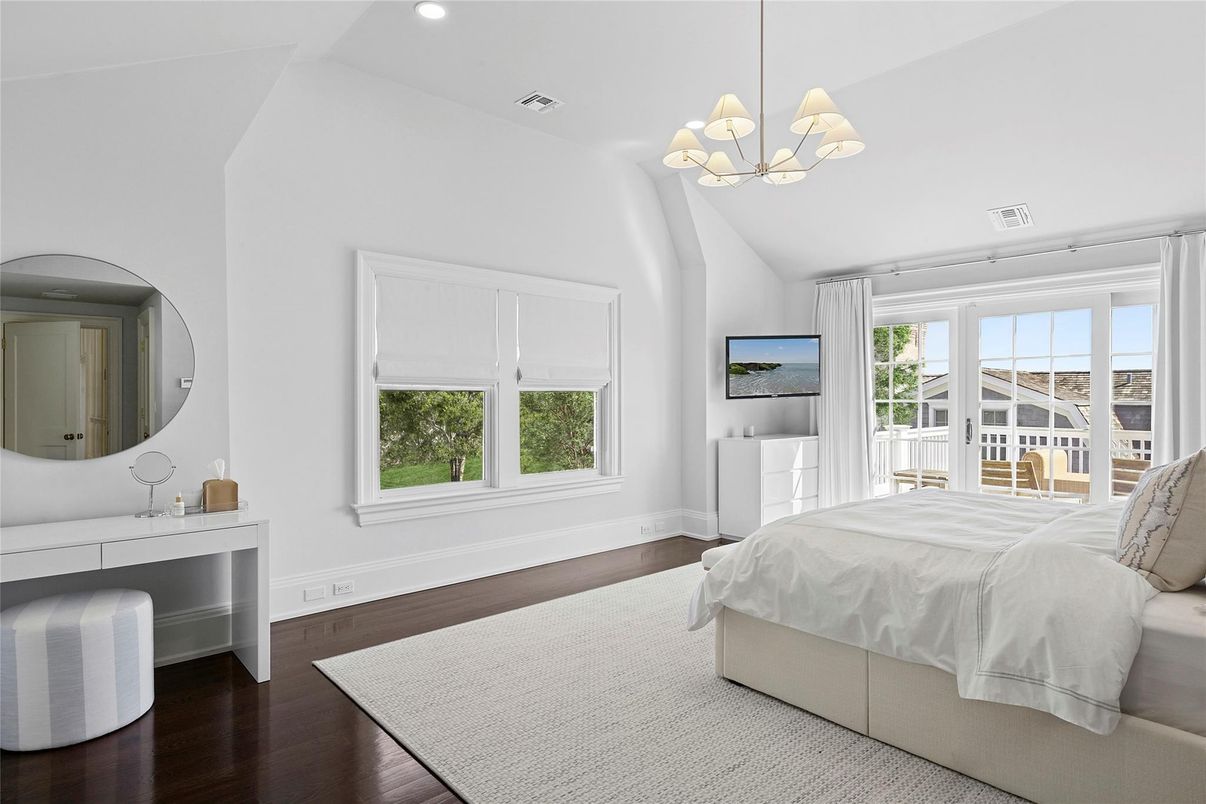 Bedroom, Chandelier, Interior, Pendant Lights, Recessed Lighting, Wood Texture Flooring