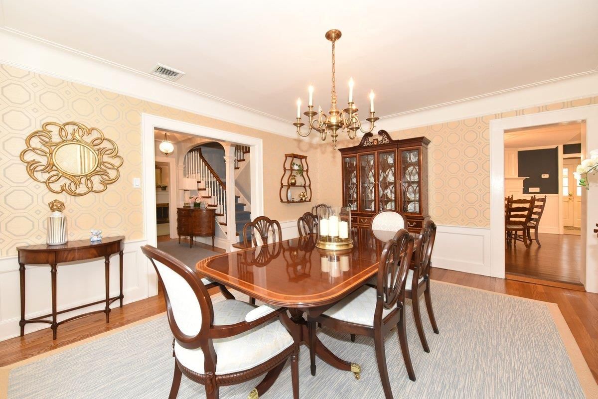 Chandelier, Dining room, Interior, Wood Texture Flooring