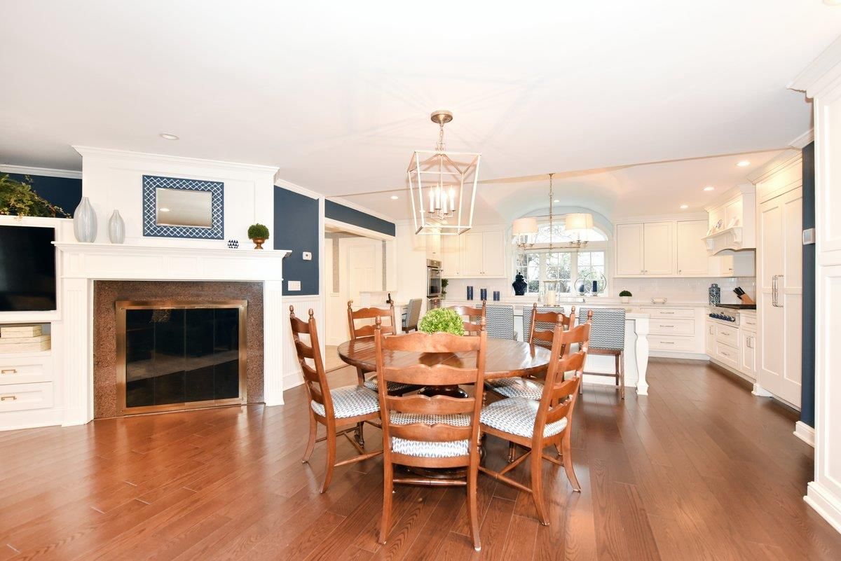 Dining room, Fireplace, Interior, Kitchen, Pendant Lights, Recessed Lighting, Wood Texture Flooring