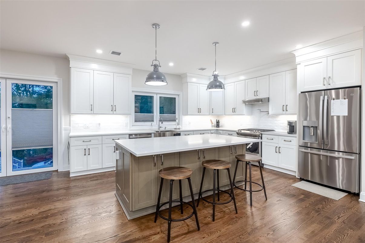 Interior, Kitchen, Pendant Lights, Recessed Lighting, Stainless Steel Appliances, Wood Texture Flooring