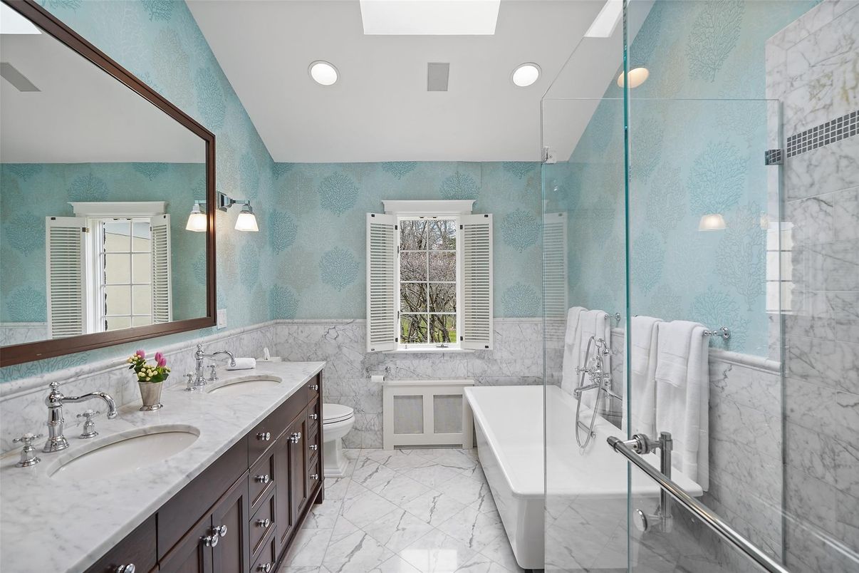 Bathroom, Dual Sink Vanities, Free Standing Baths, Glass Shower, Interior, Marble, Marble Walls, Recessed Lighting