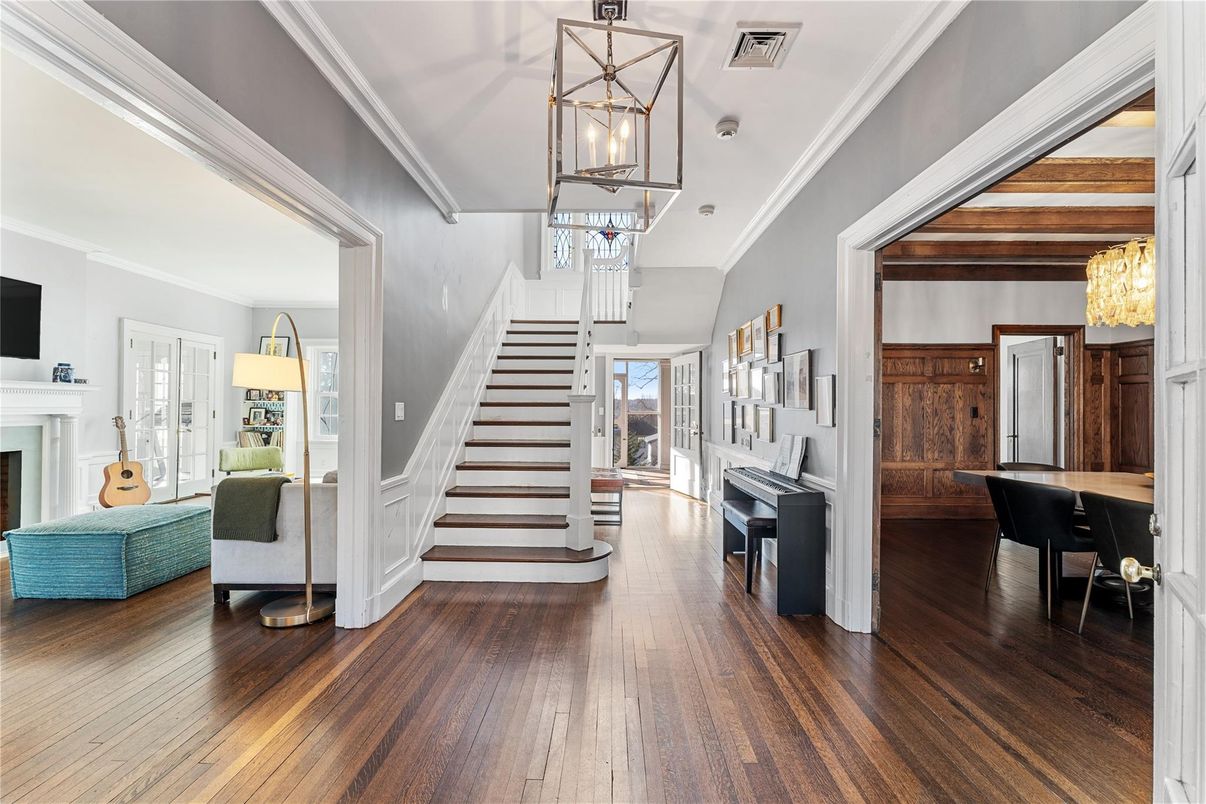 Chandelier, Fireplace, Interior, Pendant Lights, Piano, Wooden Beams, Wood Texture Flooring